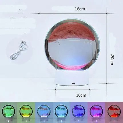 Creative 3D quicksand table lamp with glass shade and USB cable, showing touch control and coloured light options.