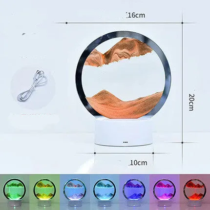 Creative 3D quicksand table lamp with glass shade and USB cable, showing touch control and coloured light options.