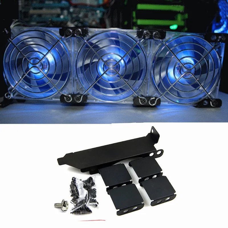 Metal graphics card cooling bracket with three mounting points for 8cm or 9cm cooling fans
