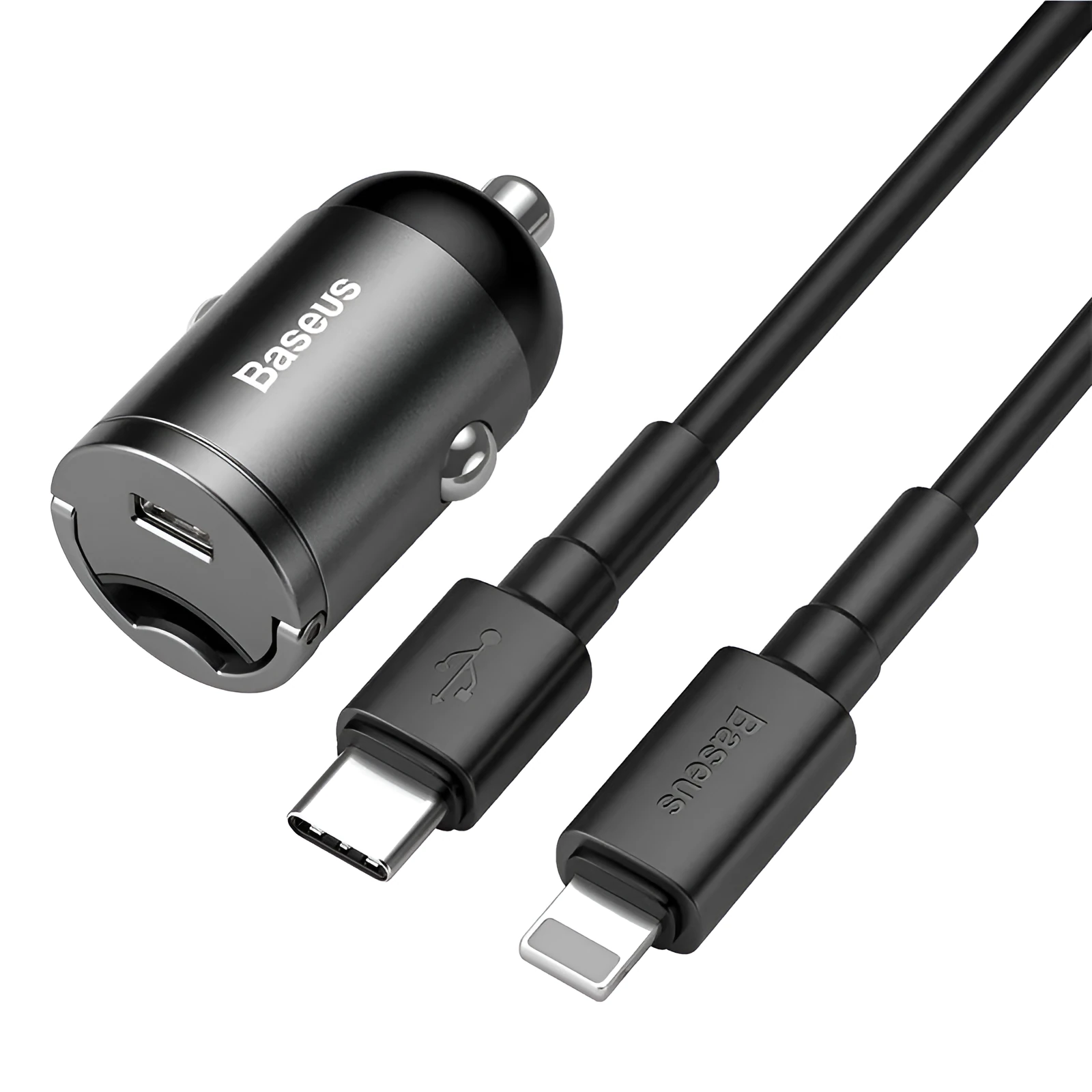 Electro‑optical grey Baseus 30W PPS fast car charger with 1‑metre USB cable.