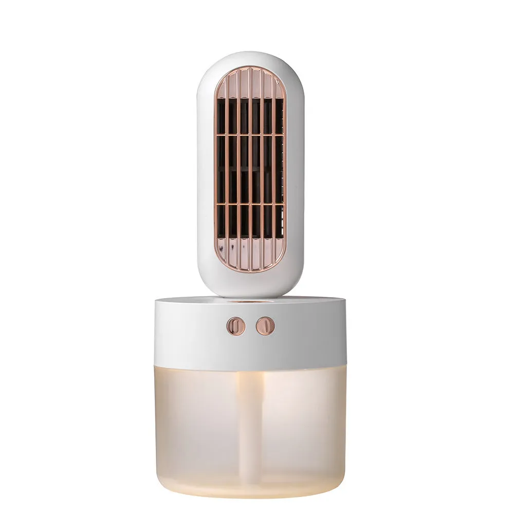 Small black and white portable humidifying desk fan with oscillating head on a table.