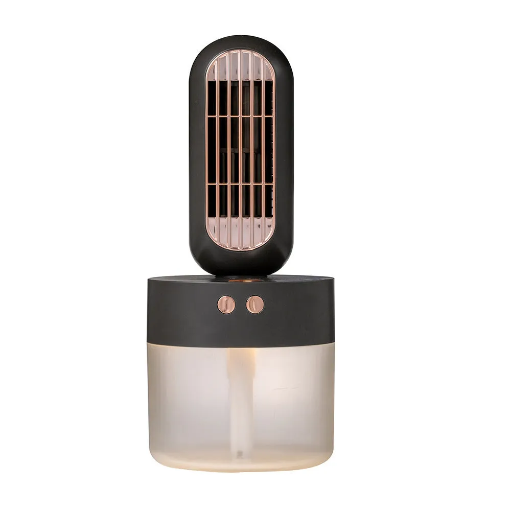 Small black and white portable humidifying desk fan with oscillating head on a table.