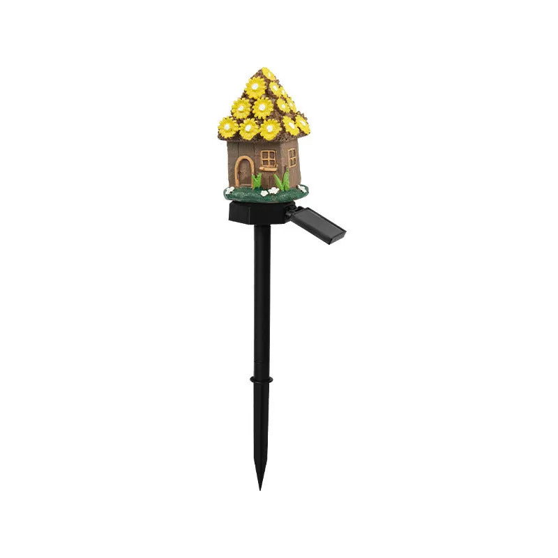 Solar-powered outdoor LED landscape light with flower-shaped resin house design and IP55 waterproof rating