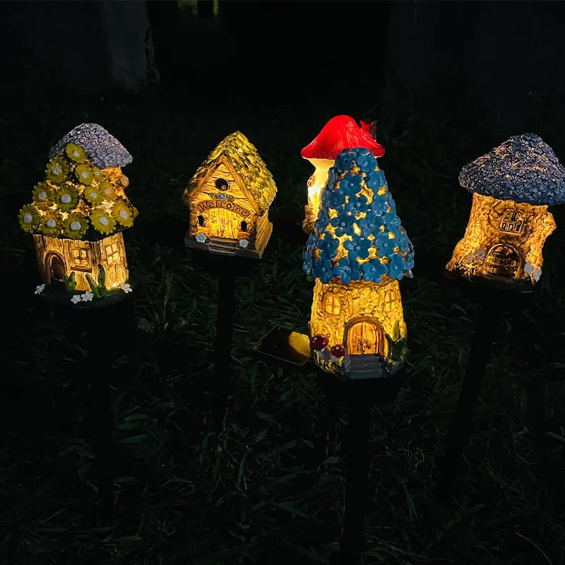 Solar-powered outdoor LED landscape light with flower-shaped resin house design and IP55 waterproof rating