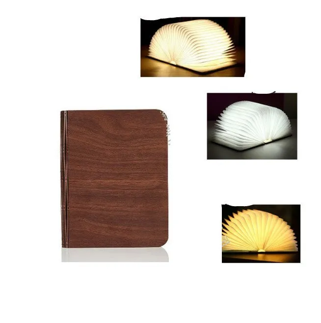 Solid wood USB-powered book light in three size options on a wooden table.