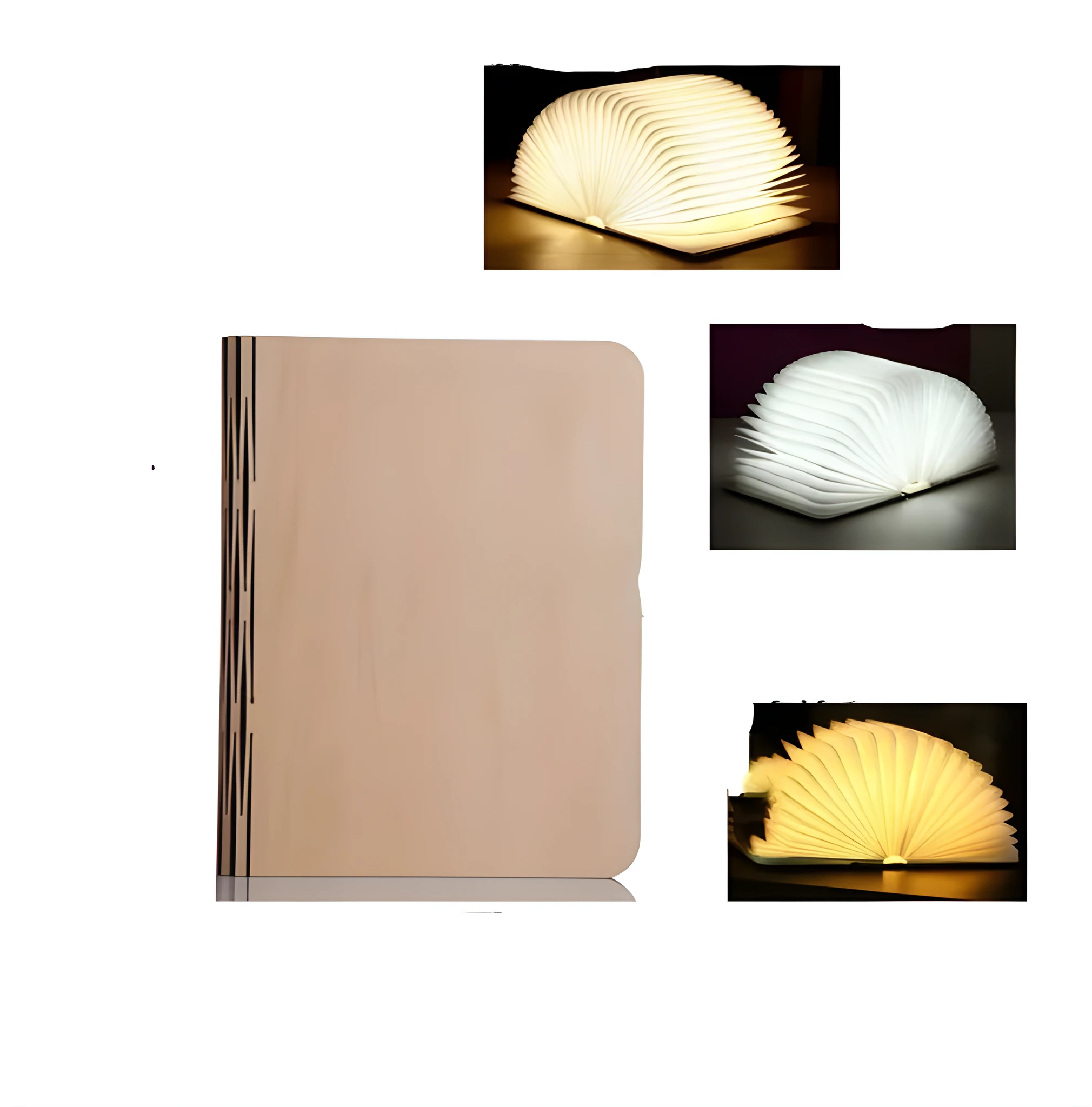 Solid wood USB-powered book light in three size options on a wooden table.