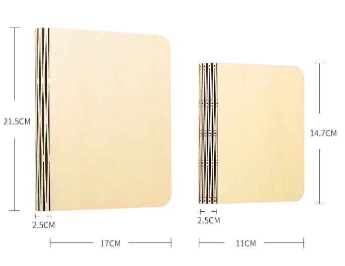 Solid wood USB-powered book light in three size options on a wooden table.