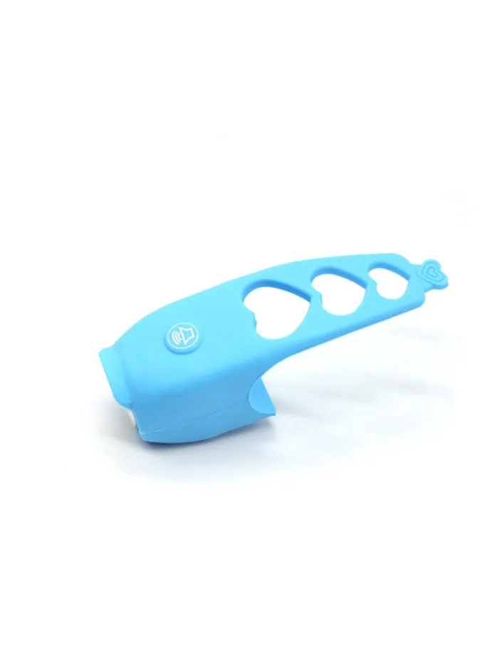 A plastic bicycle electronic horn in a choice of colours, showing handlebar mounting and two button cell batteries.
