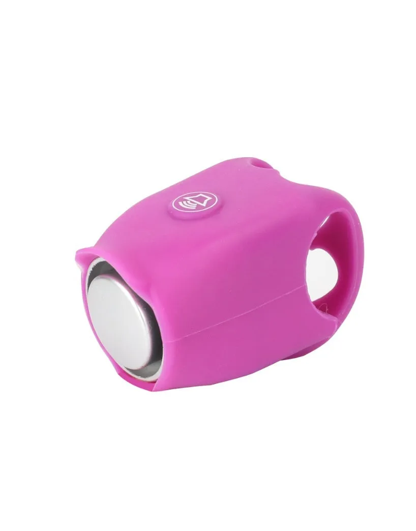 A plastic bicycle electronic horn in a choice of colours, showing handlebar mounting and two button cell batteries.