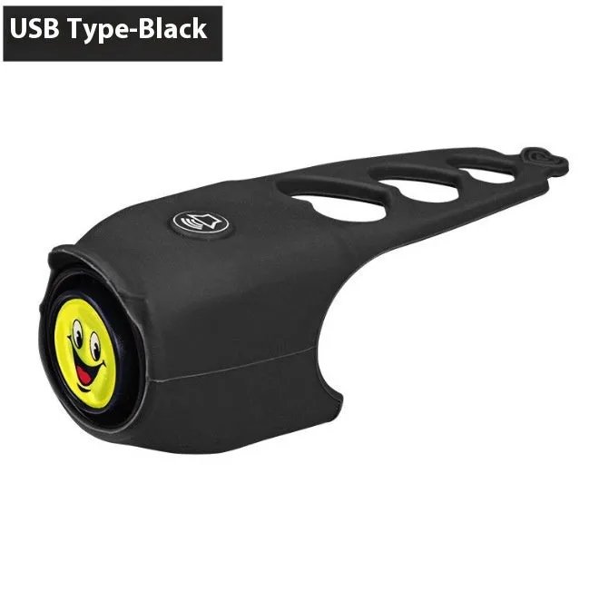 A plastic bicycle electronic horn in a choice of colours, showing handlebar mounting and two button cell batteries.