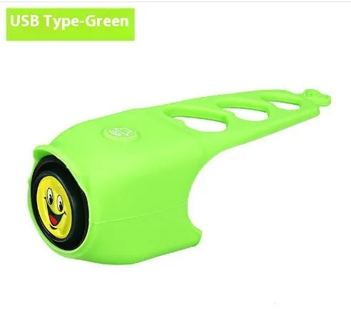 A plastic bicycle electronic horn in a choice of colours, showing handlebar mounting and two button cell batteries.
