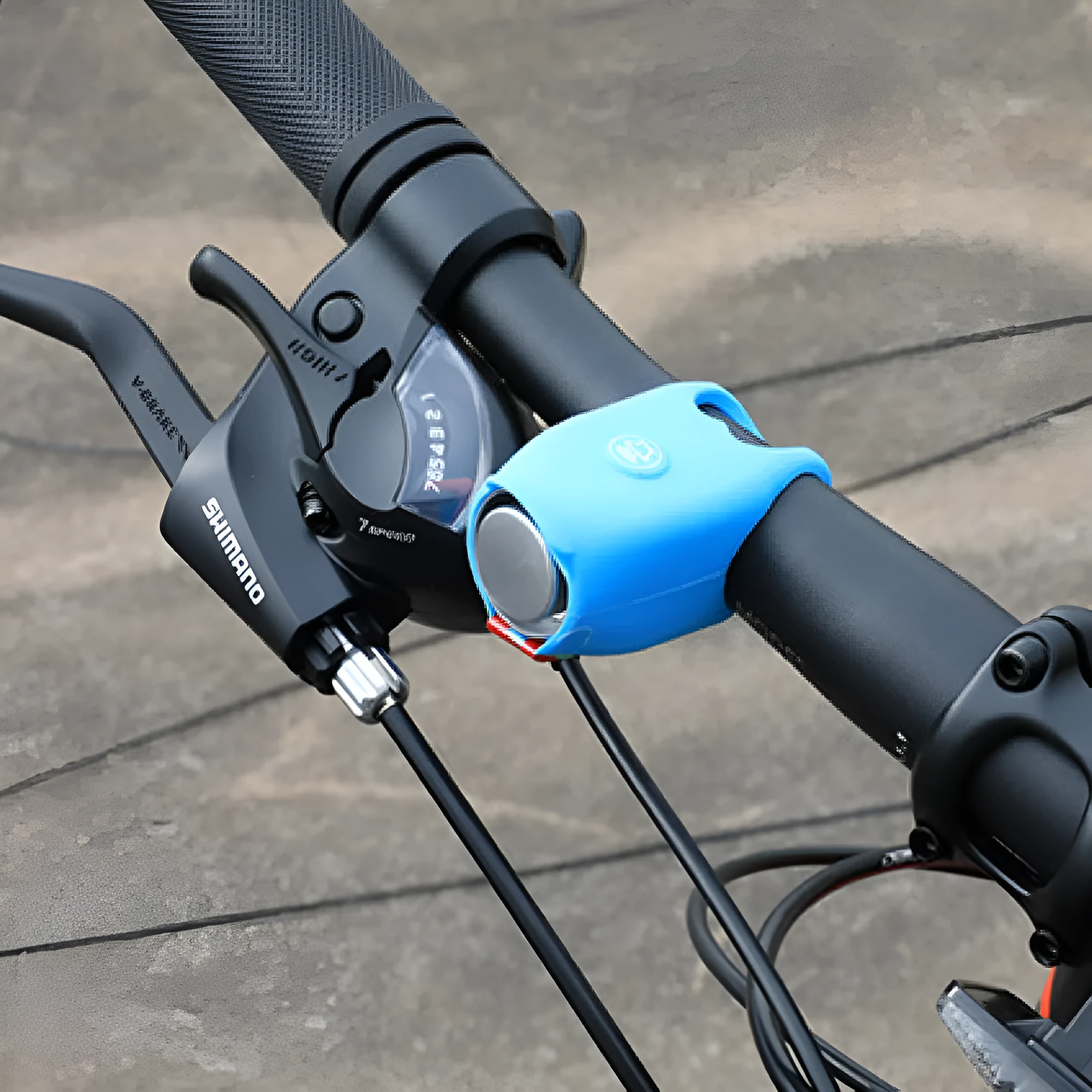 A plastic bicycle electronic horn in a choice of colours, showing handlebar mounting and two button cell batteries.