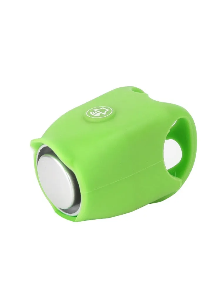 A plastic bicycle electronic horn in a choice of colours, showing handlebar mounting and two button cell batteries.