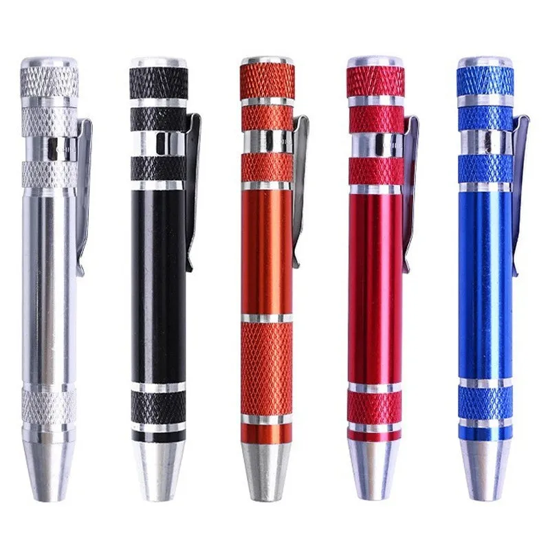 8-in-1 aluminium pen-type screwdriver set showing multiple coloured handles and bits.