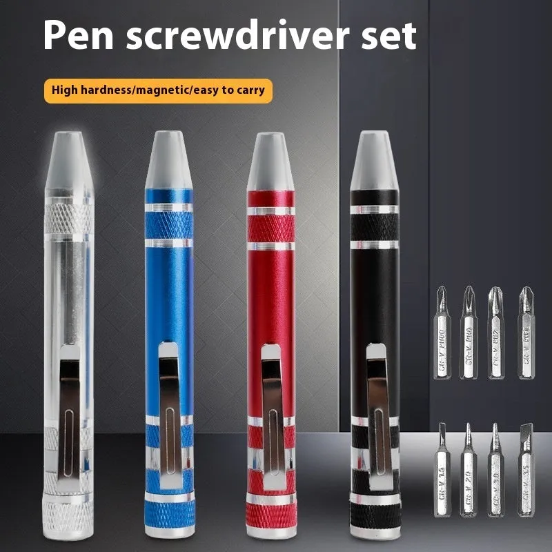 8-in-1 aluminium pen-type screwdriver set showing multiple coloured handles and bits.