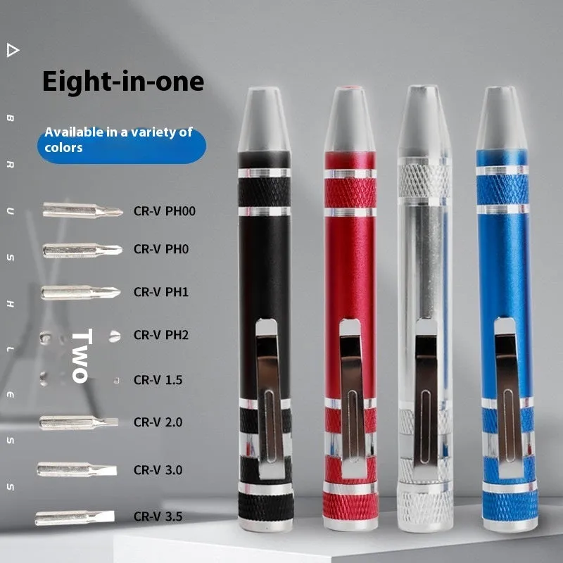 8-in-1 aluminium pen-type screwdriver set showing multiple coloured handles and bits.