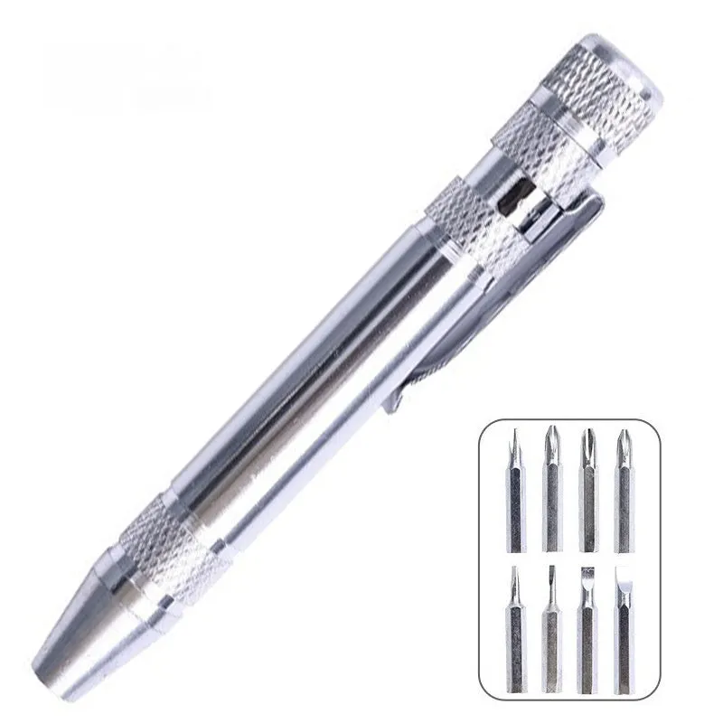 8-in-1 aluminium pen-type screwdriver set showing multiple coloured handles and bits.