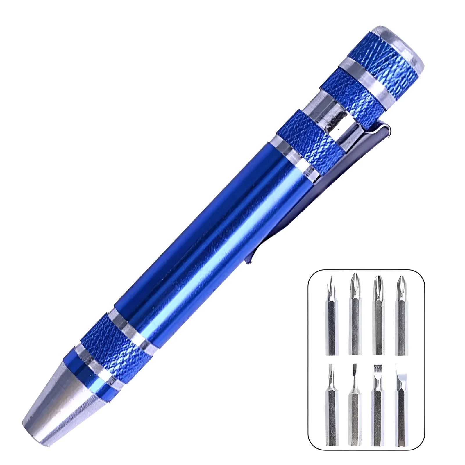 8-in-1 aluminium pen-type screwdriver set showing multiple coloured handles and bits.