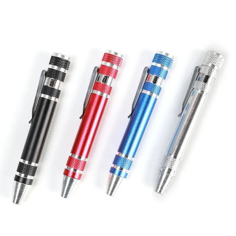 8-in-1 aluminium pen-type screwdriver set showing multiple coloured handles and bits.