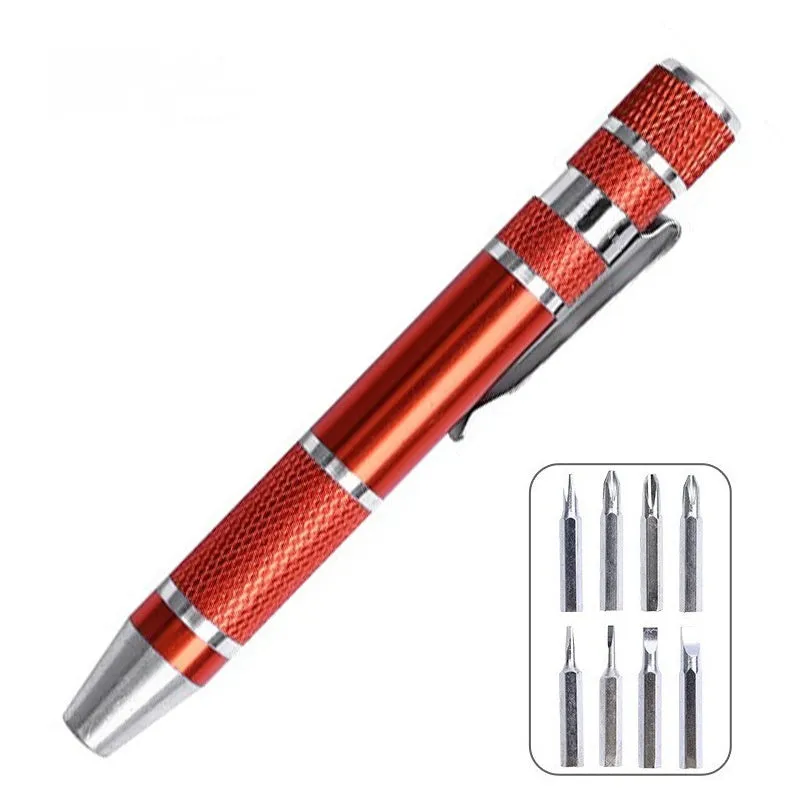 8-in-1 aluminium pen-type screwdriver set showing multiple coloured handles and bits.