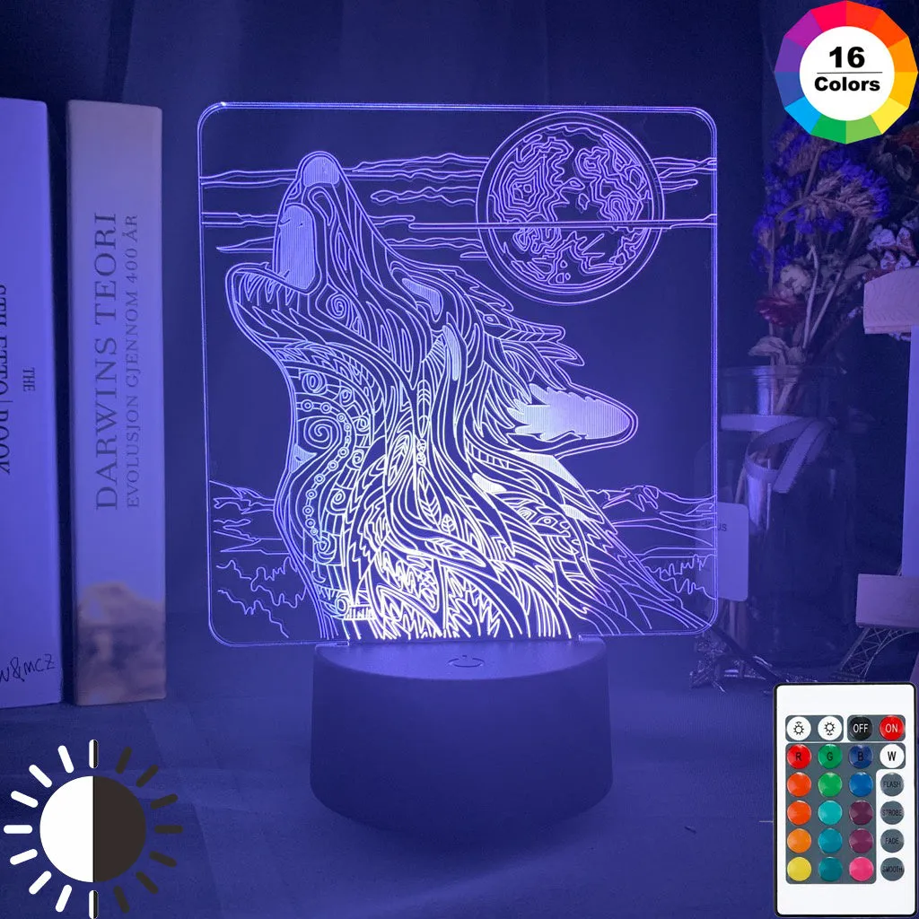 Colour-changing LED desk lamp with acrylic shade and remote control on wooden desk