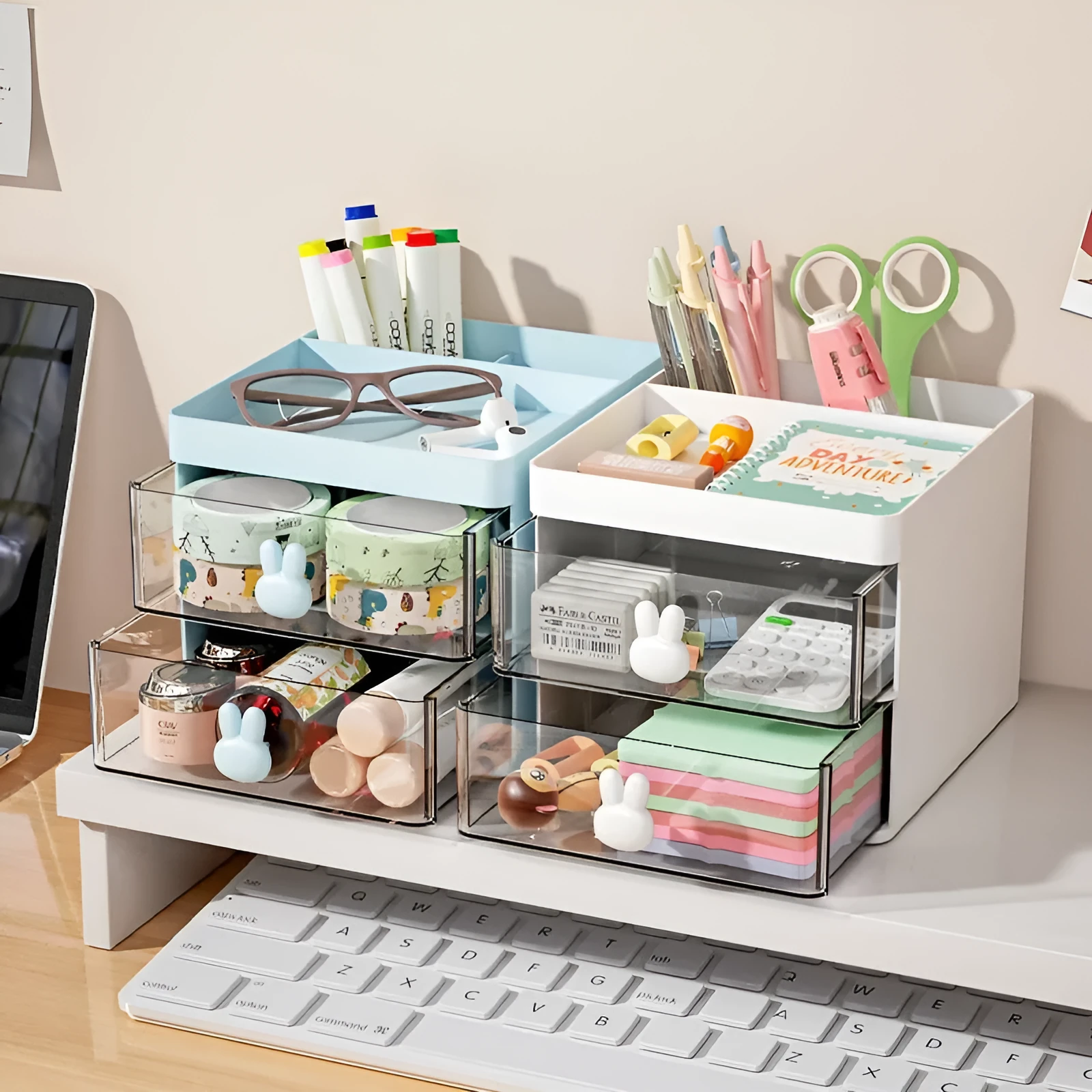 Transparent partitioned desktop storage box with grid drawers, PP plastic, 2L capacity