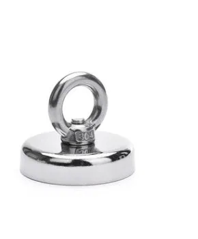 Round silver nickel-plated salvage magnet with a lifting ring, 25mm in diameter.