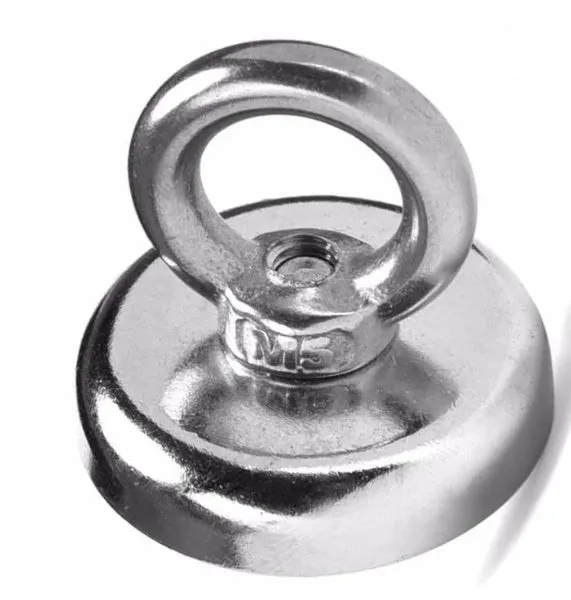 Round silver nickel-plated salvage magnet with a lifting ring, 25mm in diameter.