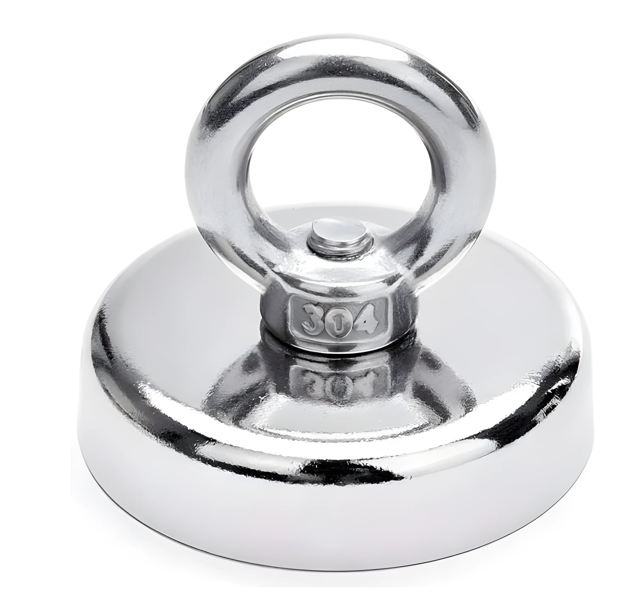 Round silver nickel-plated salvage magnet with a lifting ring, 25mm in diameter.