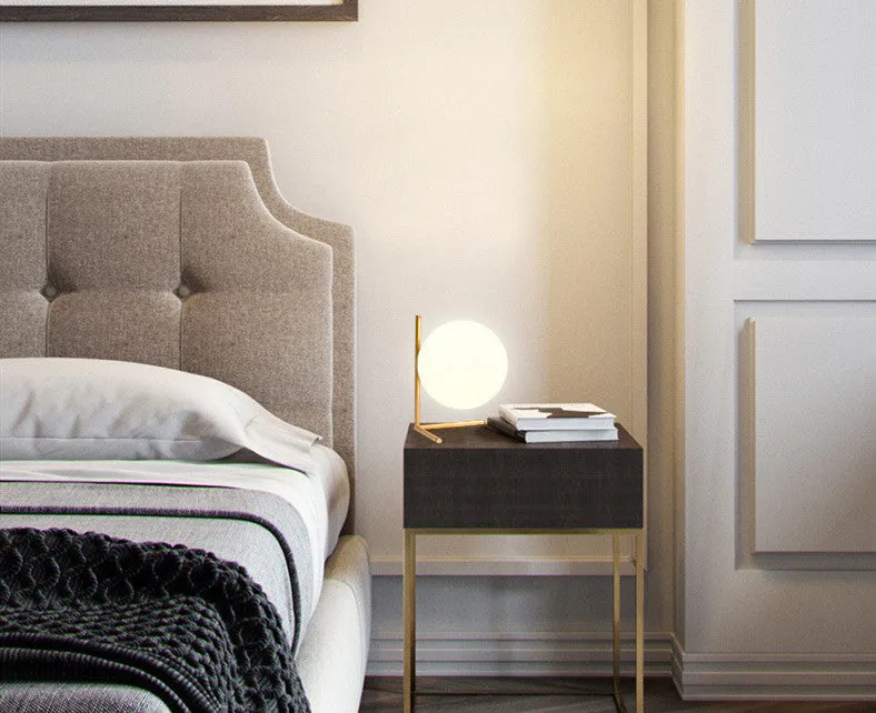 Glass shade LED floor lamp showing three colour temperature options and available in three different sizes.