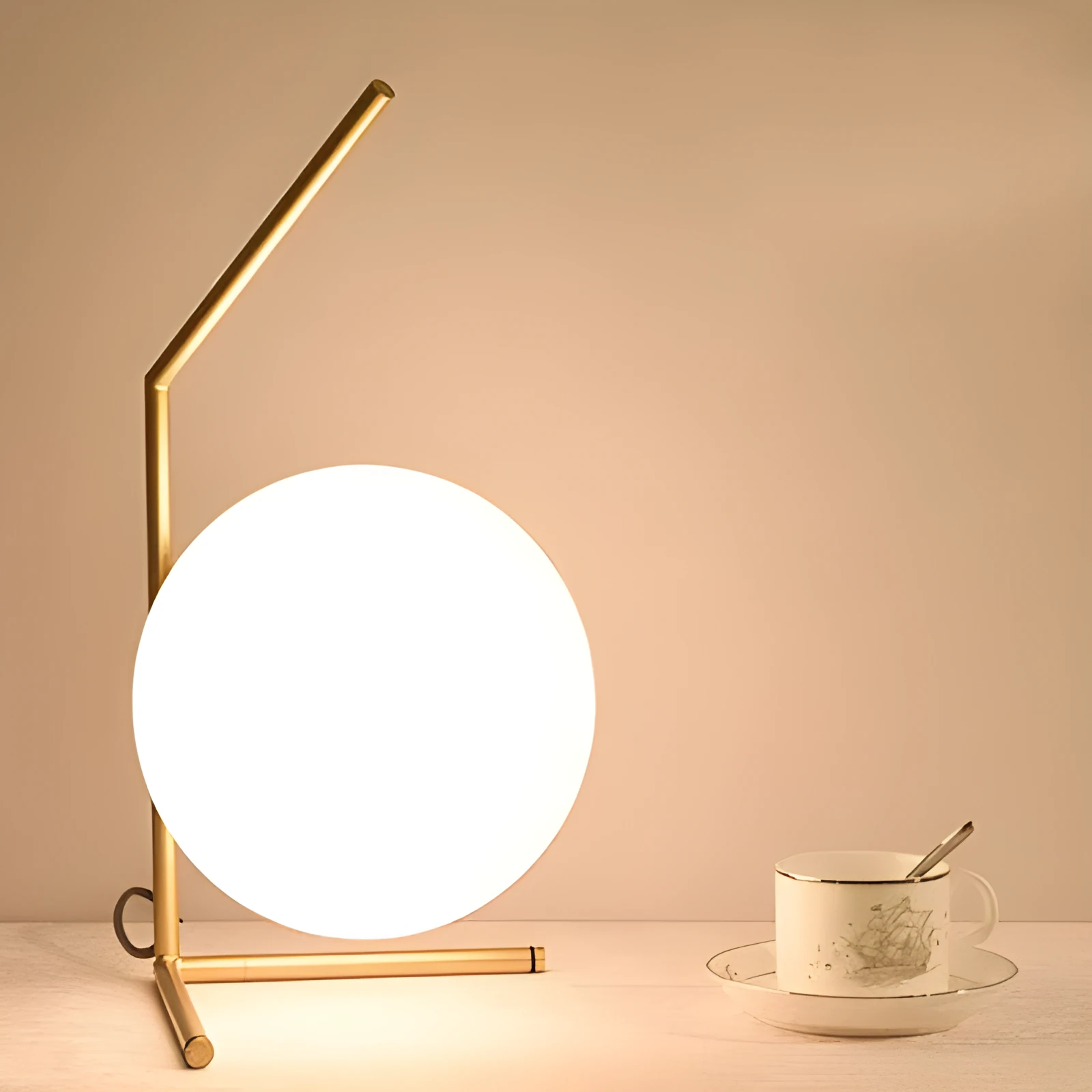 Glass shade LED floor lamp showing three colour temperature options and available in three different sizes.