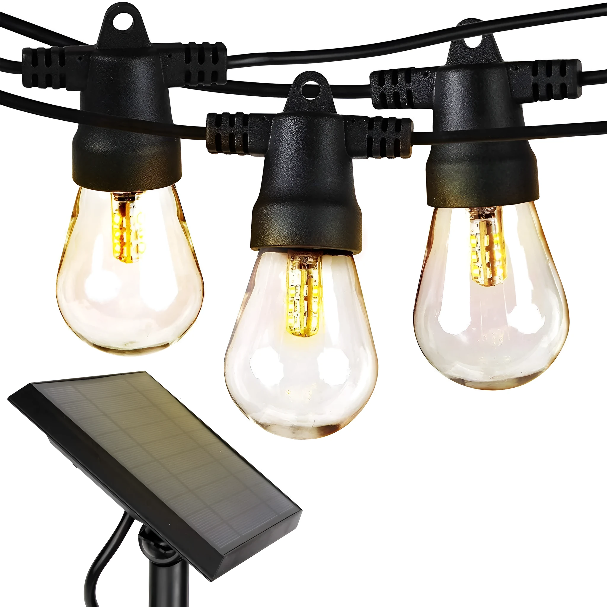 Waterproof solar-powered LED string lights for outdoor garden and patio decoration.