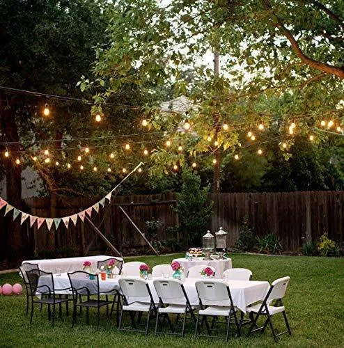 Waterproof solar-powered LED string lights for outdoor garden and patio decoration.