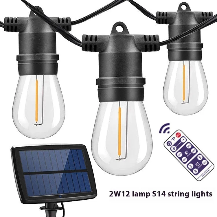 Waterproof solar-powered LED string lights for outdoor garden and patio decoration.