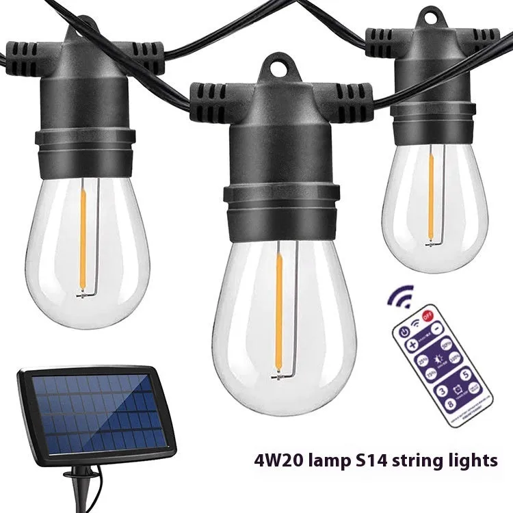 Waterproof solar-powered LED string lights for outdoor garden and patio decoration.