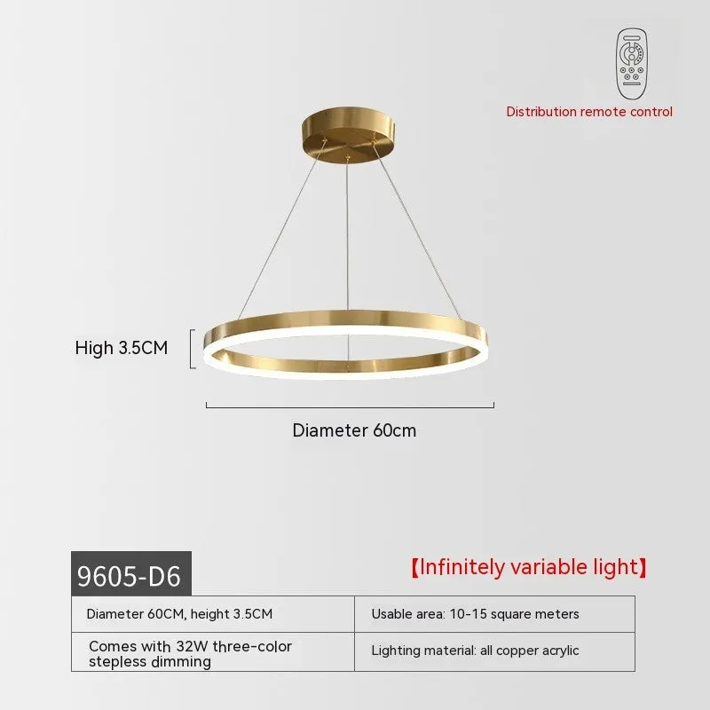 Modern copper and acrylic circle chandelier with remote control for living room ceiling