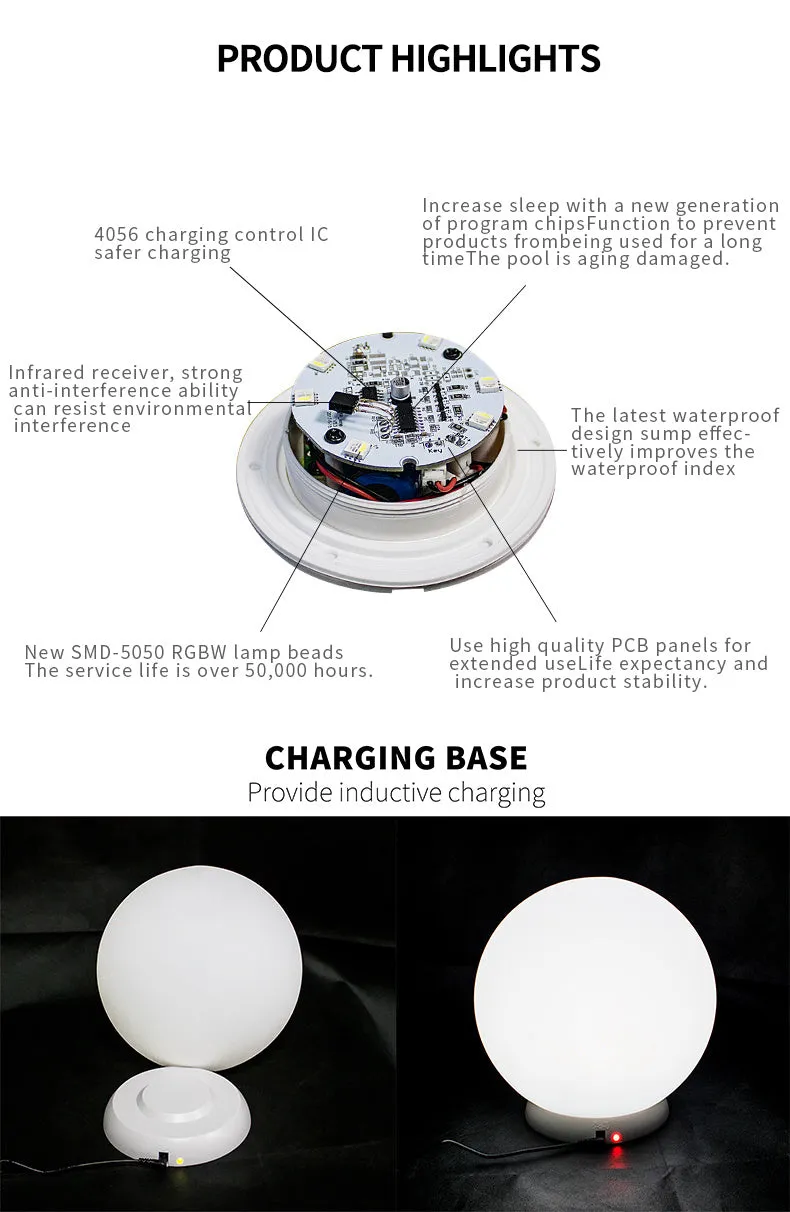Remote-controlled LED ball lamp floating in a pool, showing multicolour light with IP67 waterproof rating.