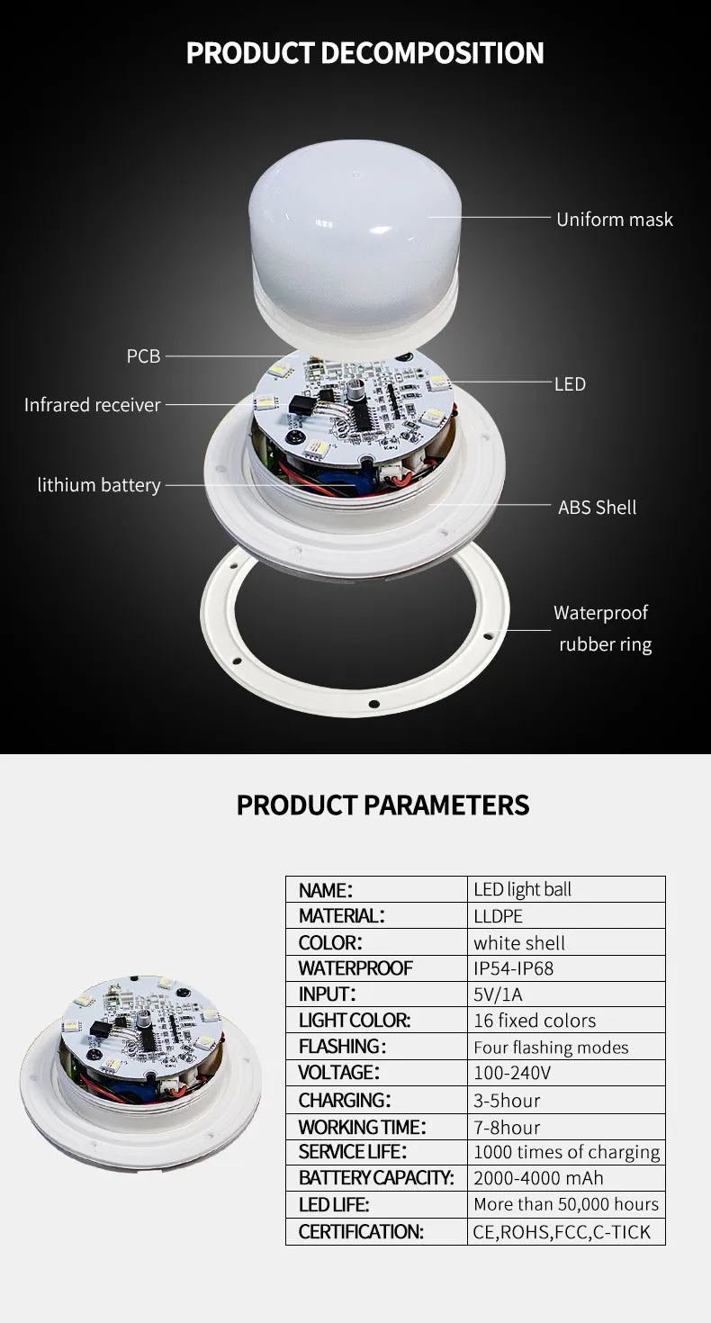 Remote-controlled LED ball lamp floating in a pool, showing multicolour light with IP67 waterproof rating.