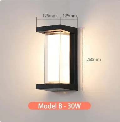 IP65-rated outdoor wall light with acrylic lampshade and aluminium body for garden use.