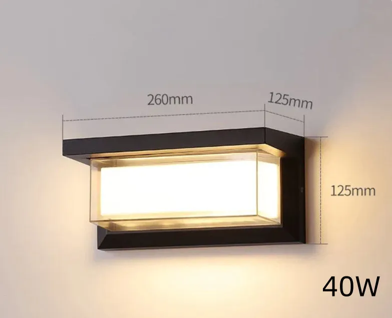 IP65-rated outdoor wall light with acrylic lampshade and aluminium body for garden use.