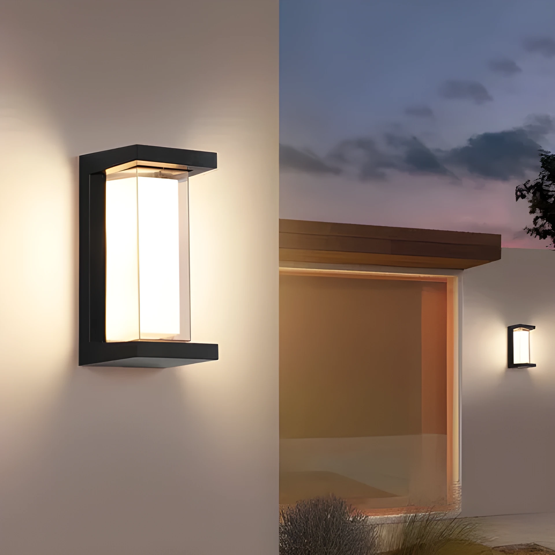 IP65-rated outdoor wall light with acrylic lampshade and aluminium body for garden use.