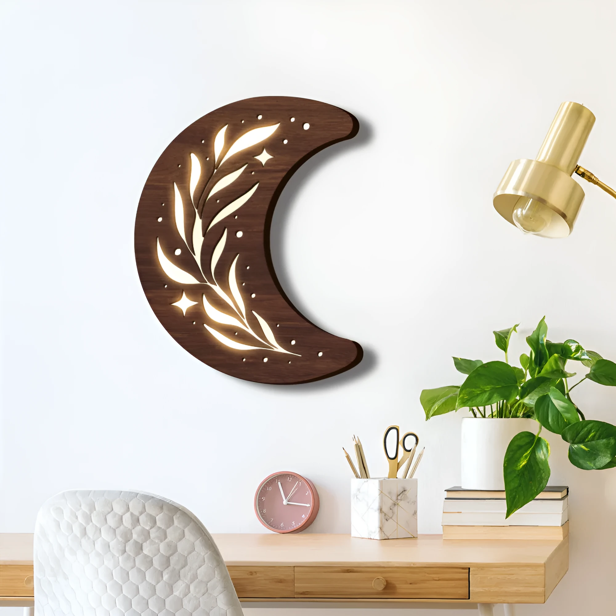 Bohemian style three-dimensional wooden leaf crescent pendant lamp with battery box