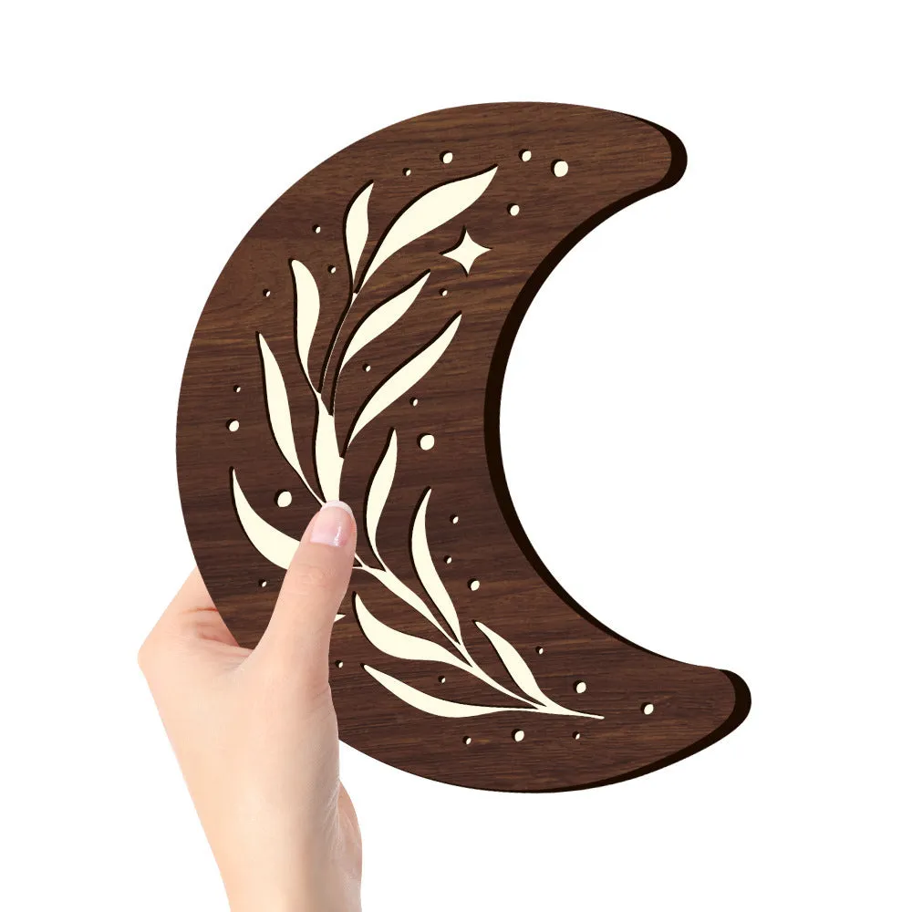 Bohemian style three-dimensional wooden leaf crescent pendant lamp with battery box