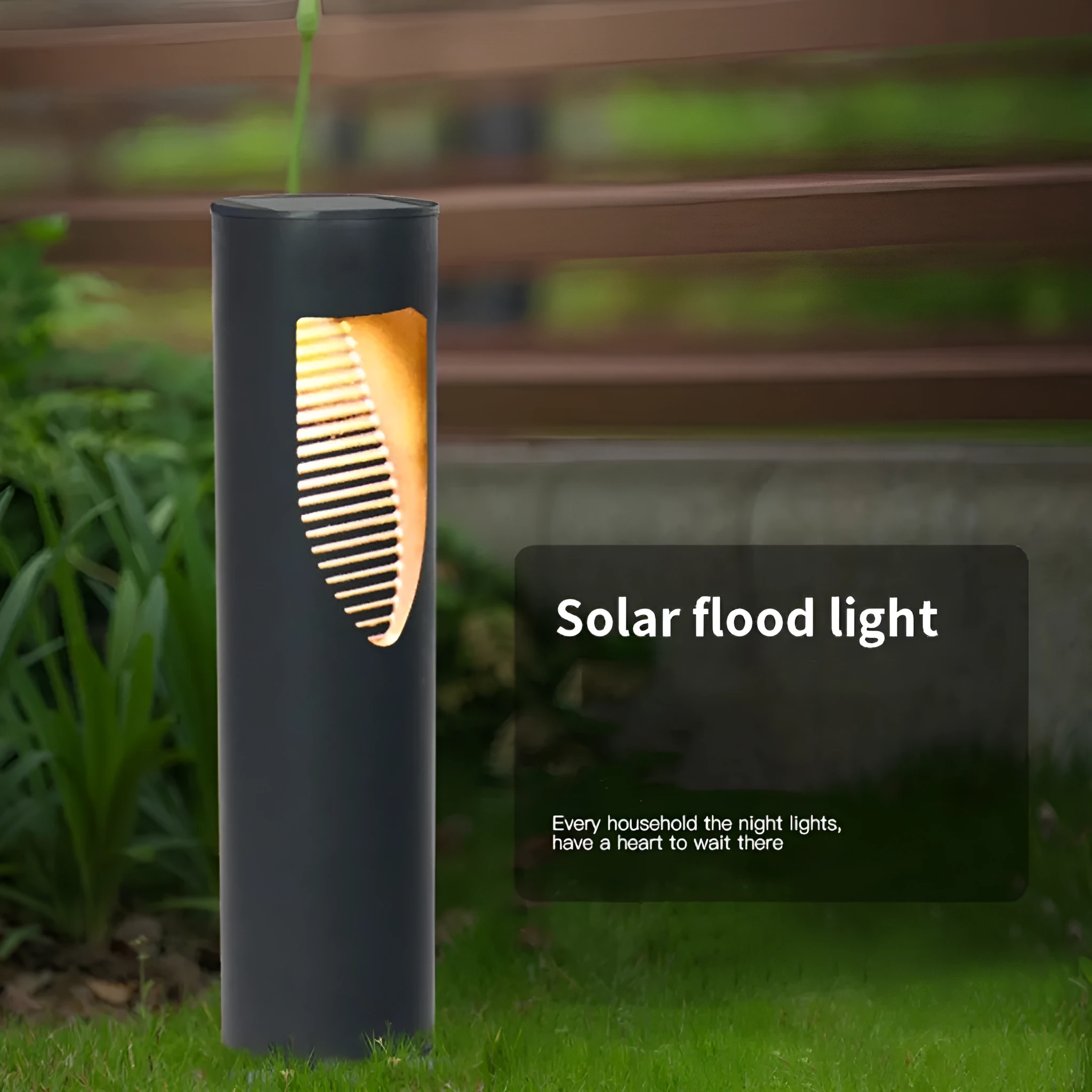 Black geometric solar-powered outdoor garden light with abstract design.