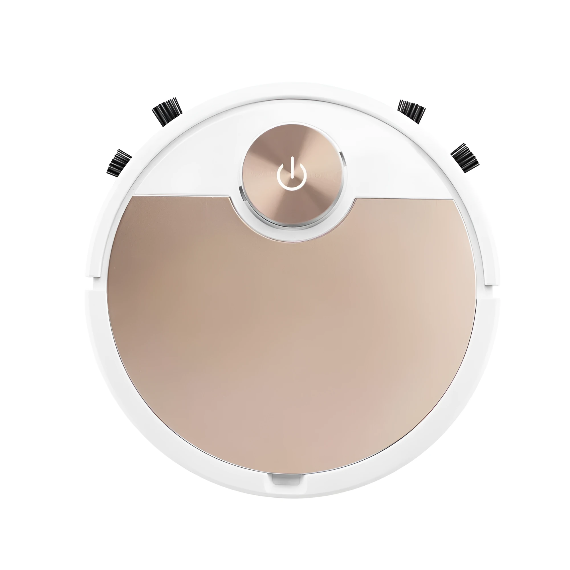Golden robotic vacuum cleaner with remote control on a home floor