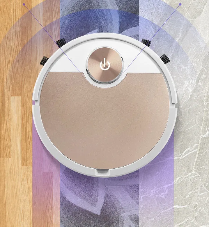 Golden robotic vacuum cleaner with remote control on a home floor
