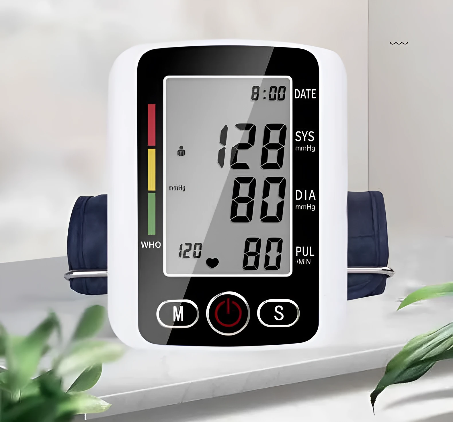 Automatic arm blood pressure monitor with large screen display on a table.