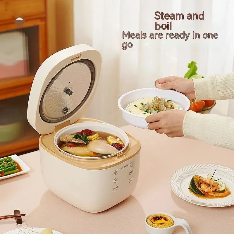 White or beige 3L intelligent multi-function rice cooker with black inner pot and accessories