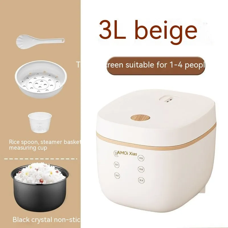 White or beige 3L intelligent multi-function rice cooker with black inner pot and accessories
