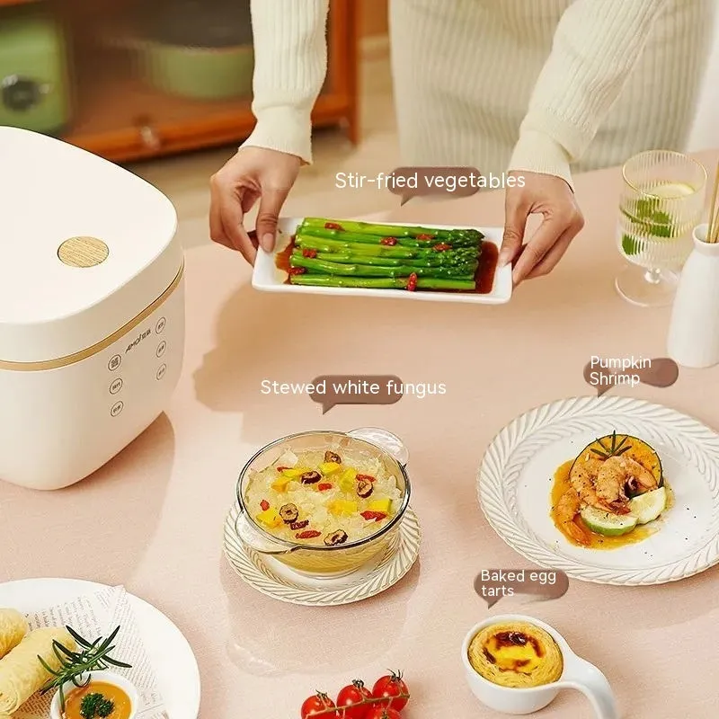 White or beige 3L intelligent multi-function rice cooker with black inner pot and accessories